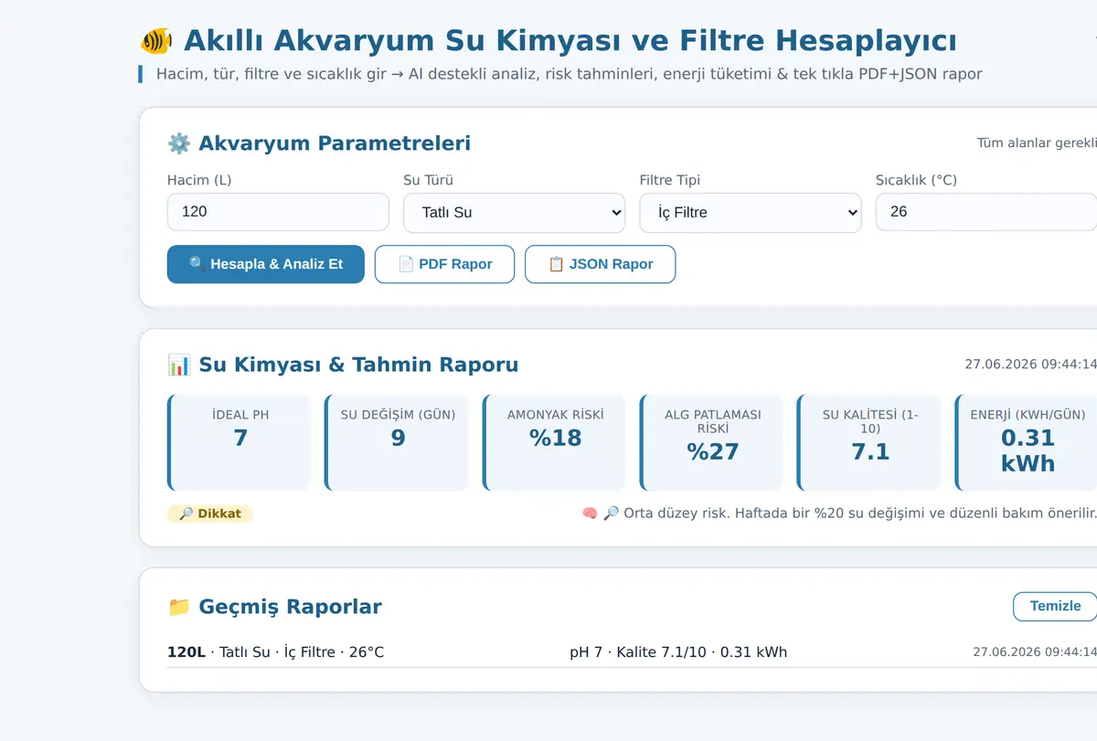 Akıllı Akvaryum Su Kimyası ve Filtre Hesaplayıcı ekran görüntüsü