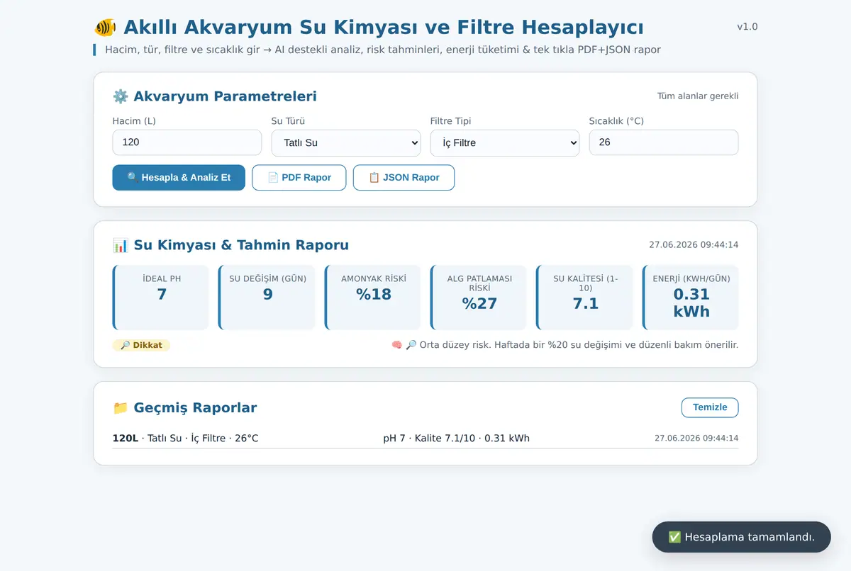 Akıllı Akvaryum Su Kimyası ve Filtre Hesaplayıcı ekran görüntüsü 2