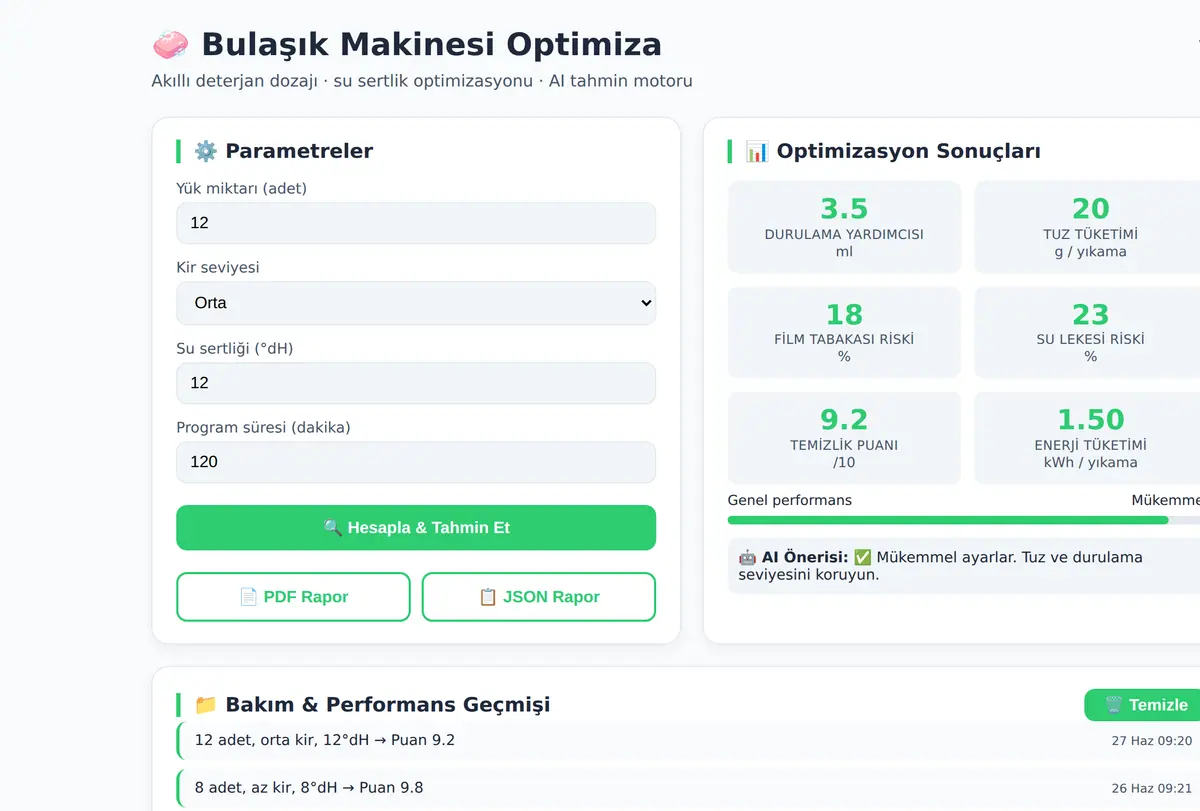 Bulaşık Makinesi Deterjan & Su Sertlik Optimiza ekran görüntüsü