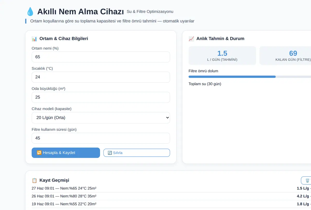 Akıllı Nem Alma Cihazı Su Toplama ve Filtre Ömrü ekran görüntüsü