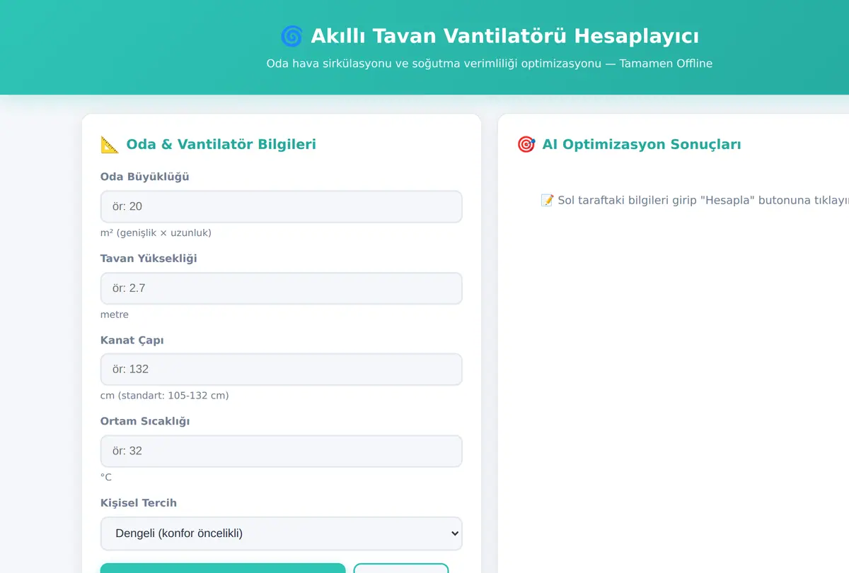 Akıllı Tavan Vantilatörü Hesaplayıcı - Offline ekran görüntüsü