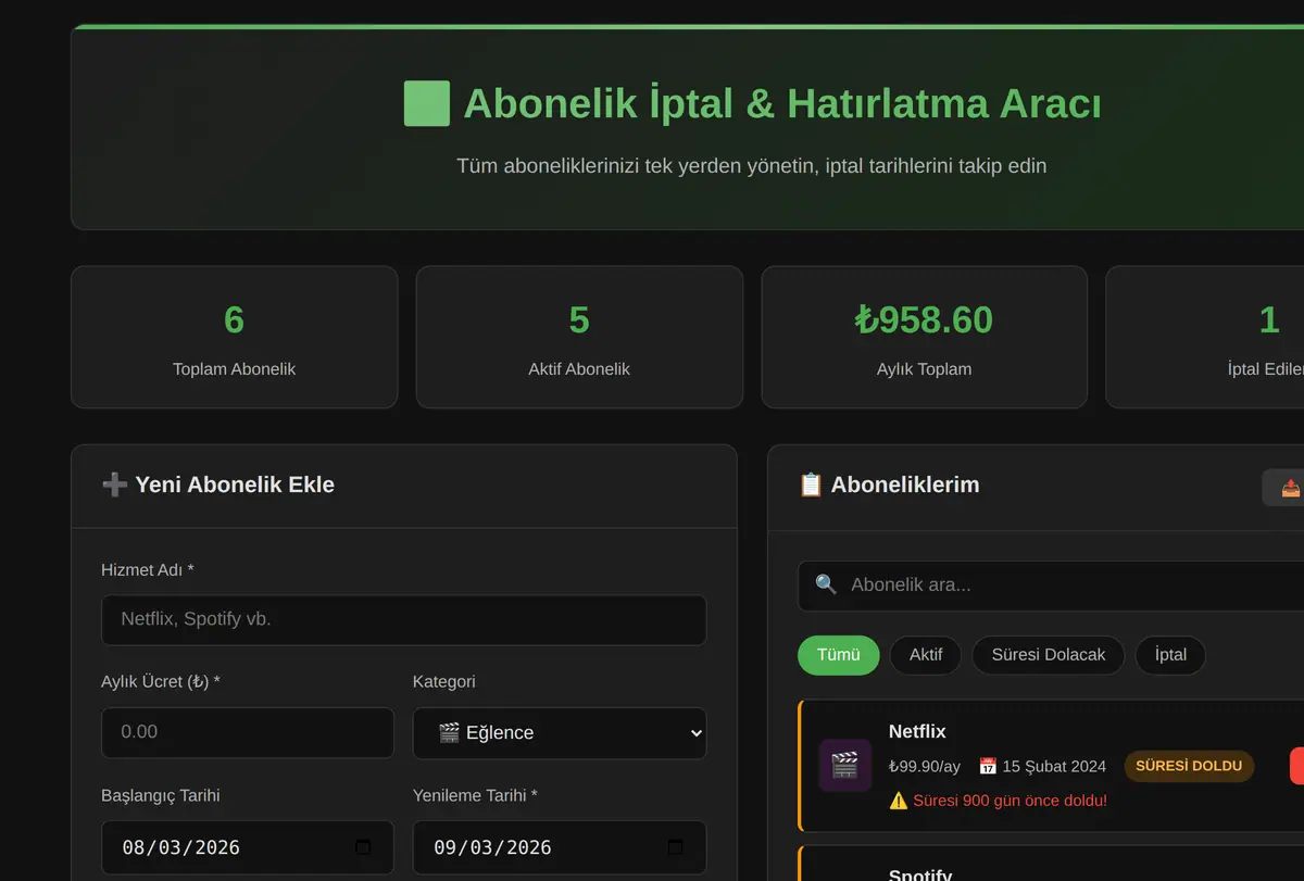 Abonelik İptal & Hatırlatma Aracı ekran görüntüsü