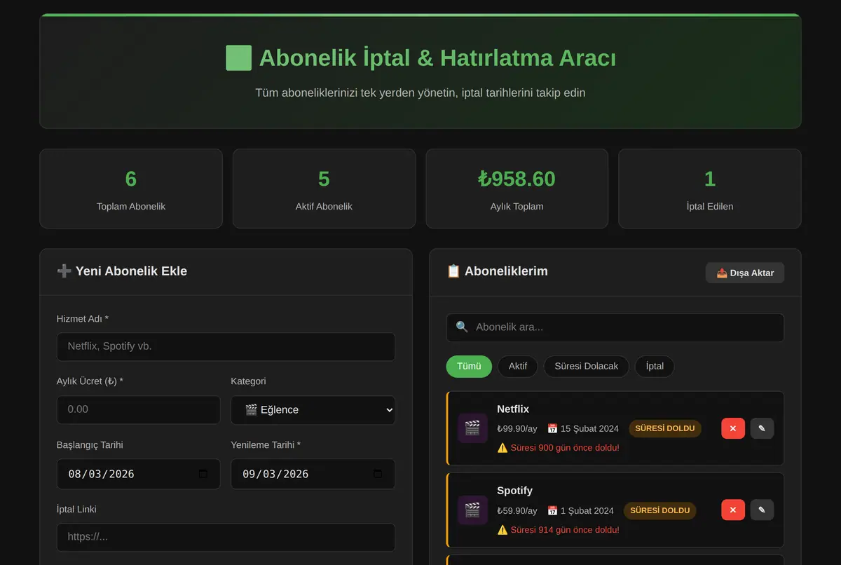 Abonelik İptal & Hatırlatma Aracı ekran görüntüsü 2