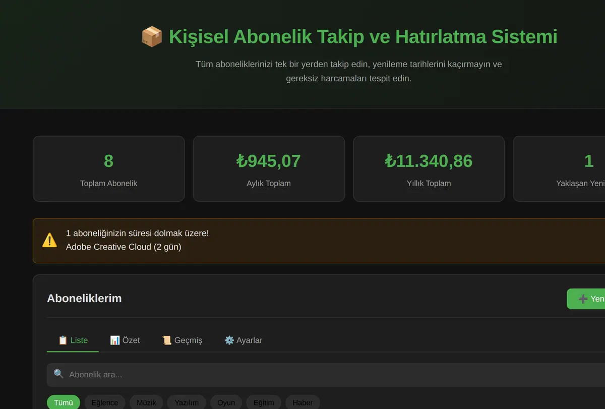 Kişisel Abonelik Takip ve Hatırlatma Sistemi ekran görüntüsü
