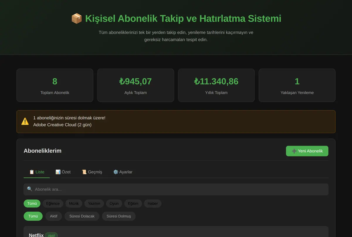 Kişisel Abonelik Takip ve Hatırlatma Sistemi ekran görüntüsü 2
