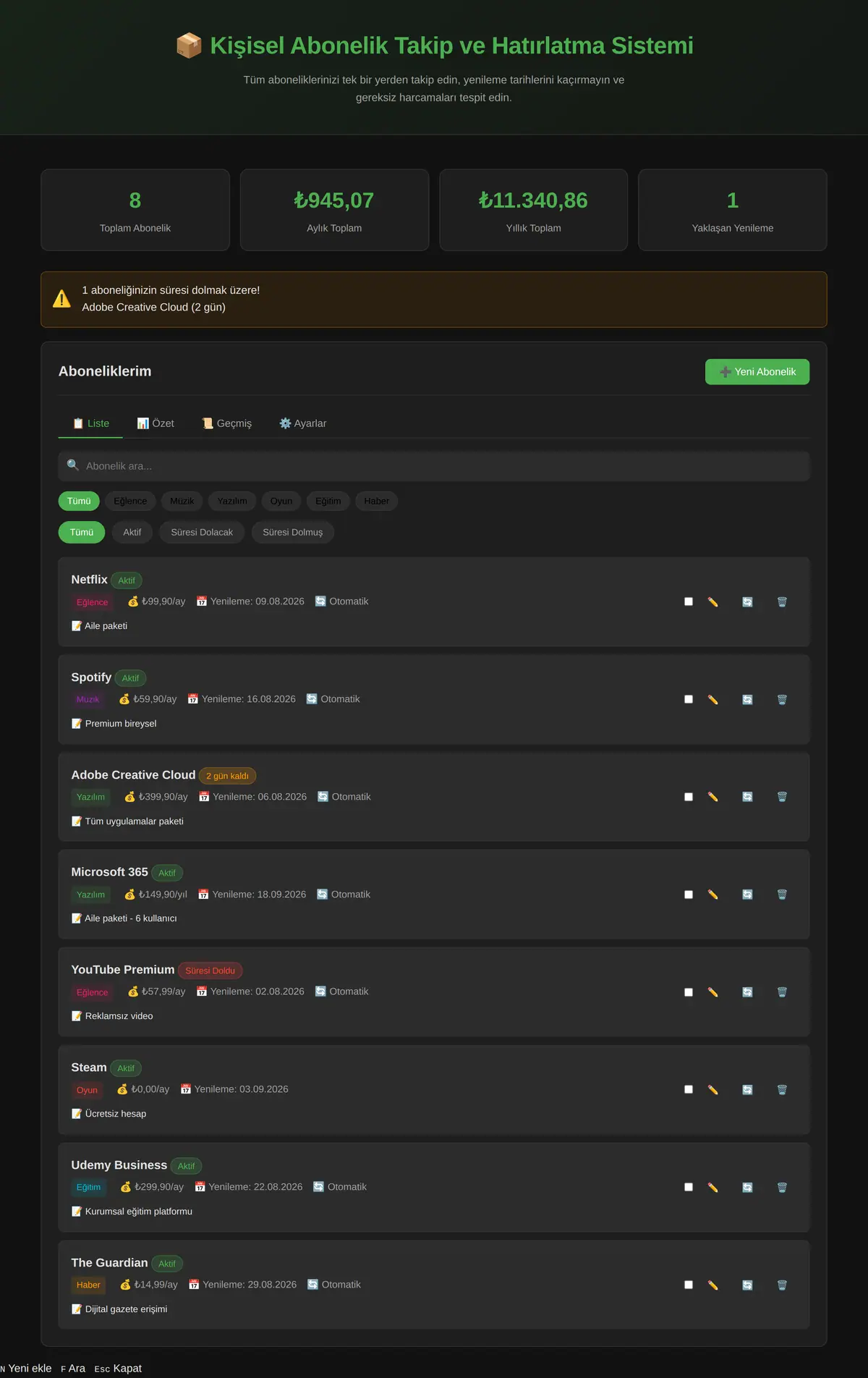Kişisel Abonelik Takip ve Hatırlatma Sistemi ekran görüntüsü 3