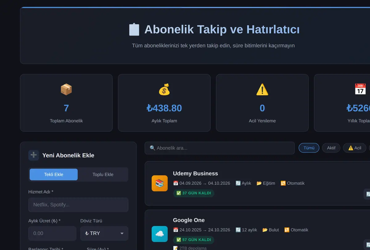 Abonelik Takip ve Hatırlatıcı Aracı ekran görüntüsü