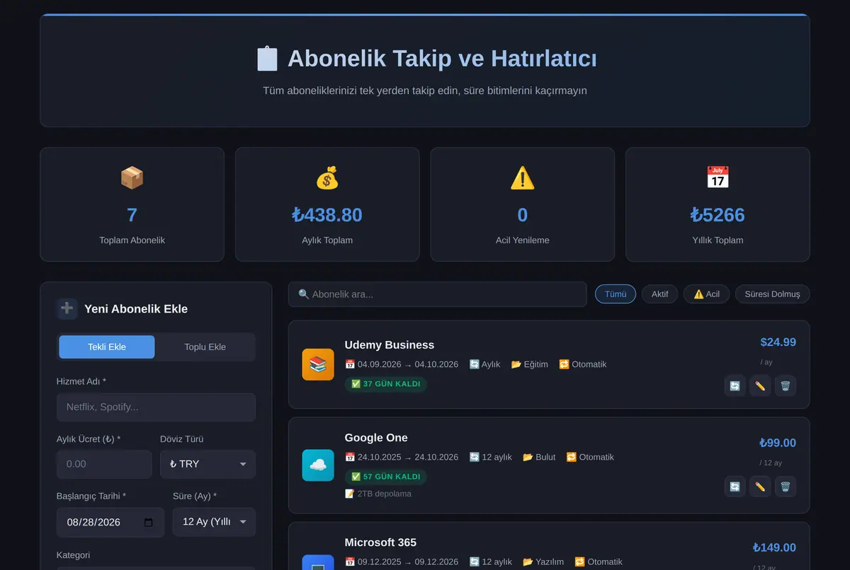 Abonelik Takip ve Hatırlatıcı Aracı ekran görüntüsü 2
