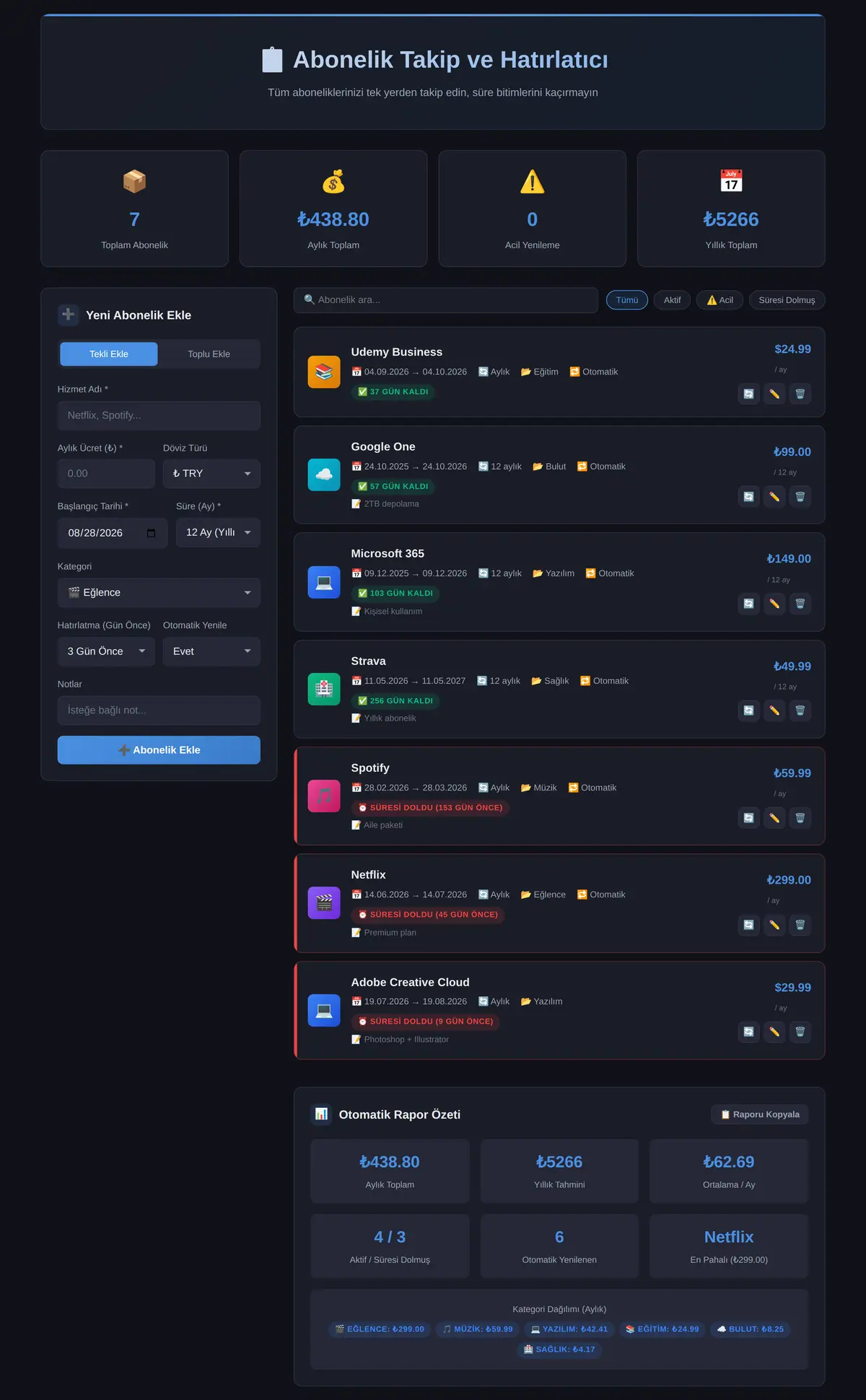 Abonelik Takip ve Hatırlatıcı Aracı ekran görüntüsü 3