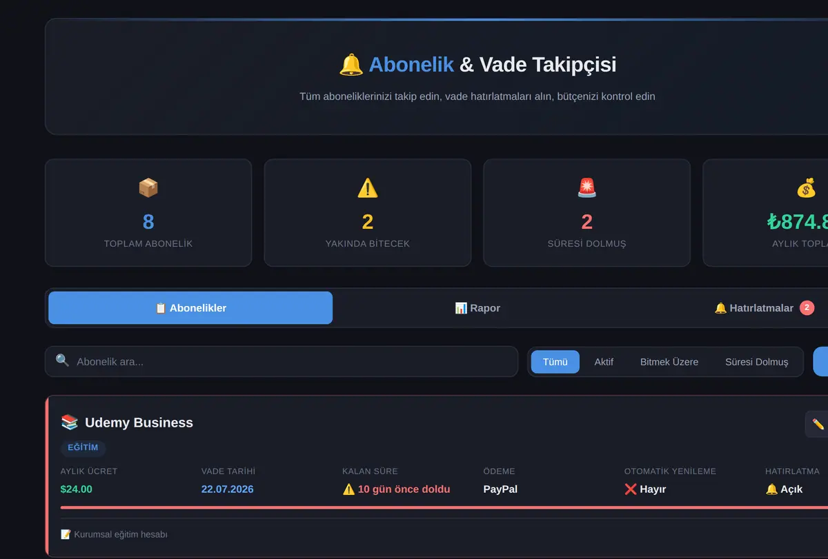 Kişisel Abonelik & Vade Takipçisi ekran görüntüsü