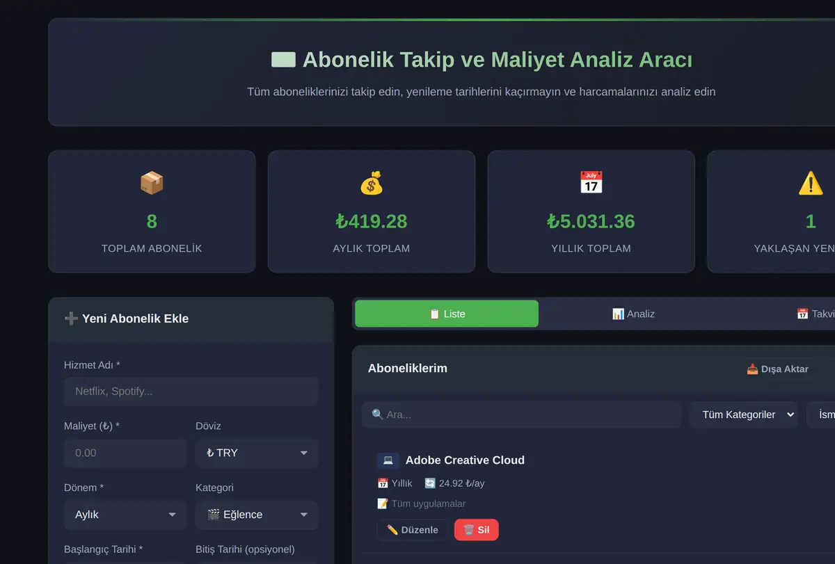 Abonelik Takip ve Maliyet Analiz Aracı ekran görüntüsü