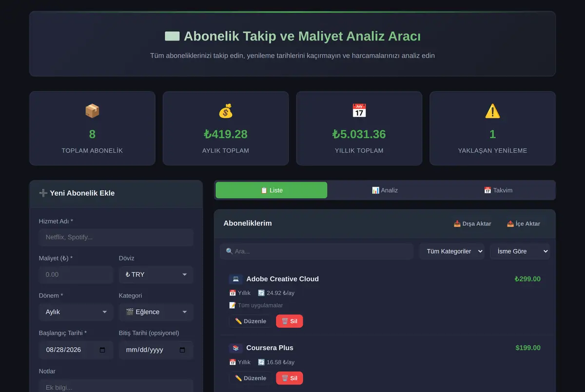 Abonelik Takip ve Maliyet Analiz Aracı ekran görüntüsü 2