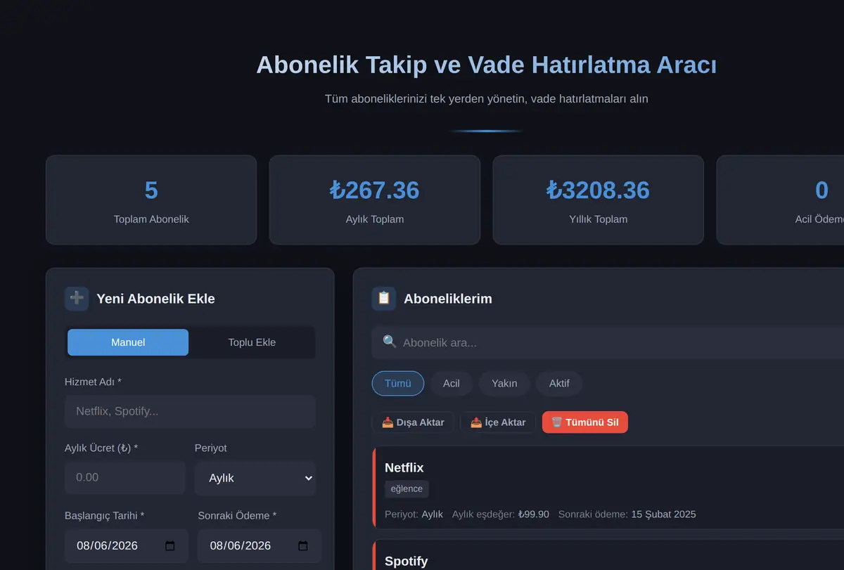 Abonelik Takip ve Vade Hatırlatma Aracı ekran görüntüsü
