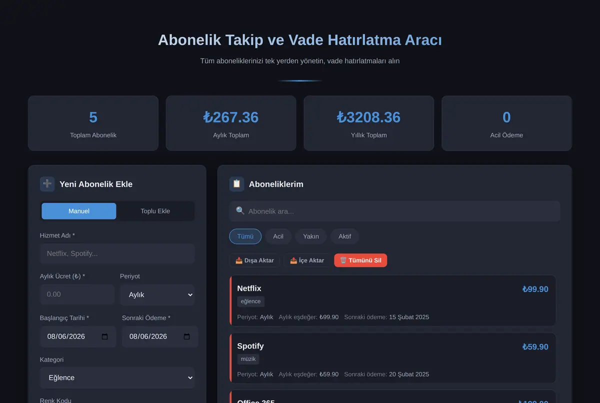 Abonelik Takip ve Vade Hatırlatma Aracı ekran görüntüsü 2