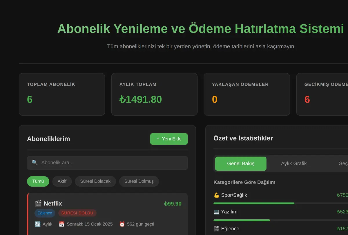 Abonelik Yenileme ve Ödeme Hatırlatma Sistemi ekran görüntüsü