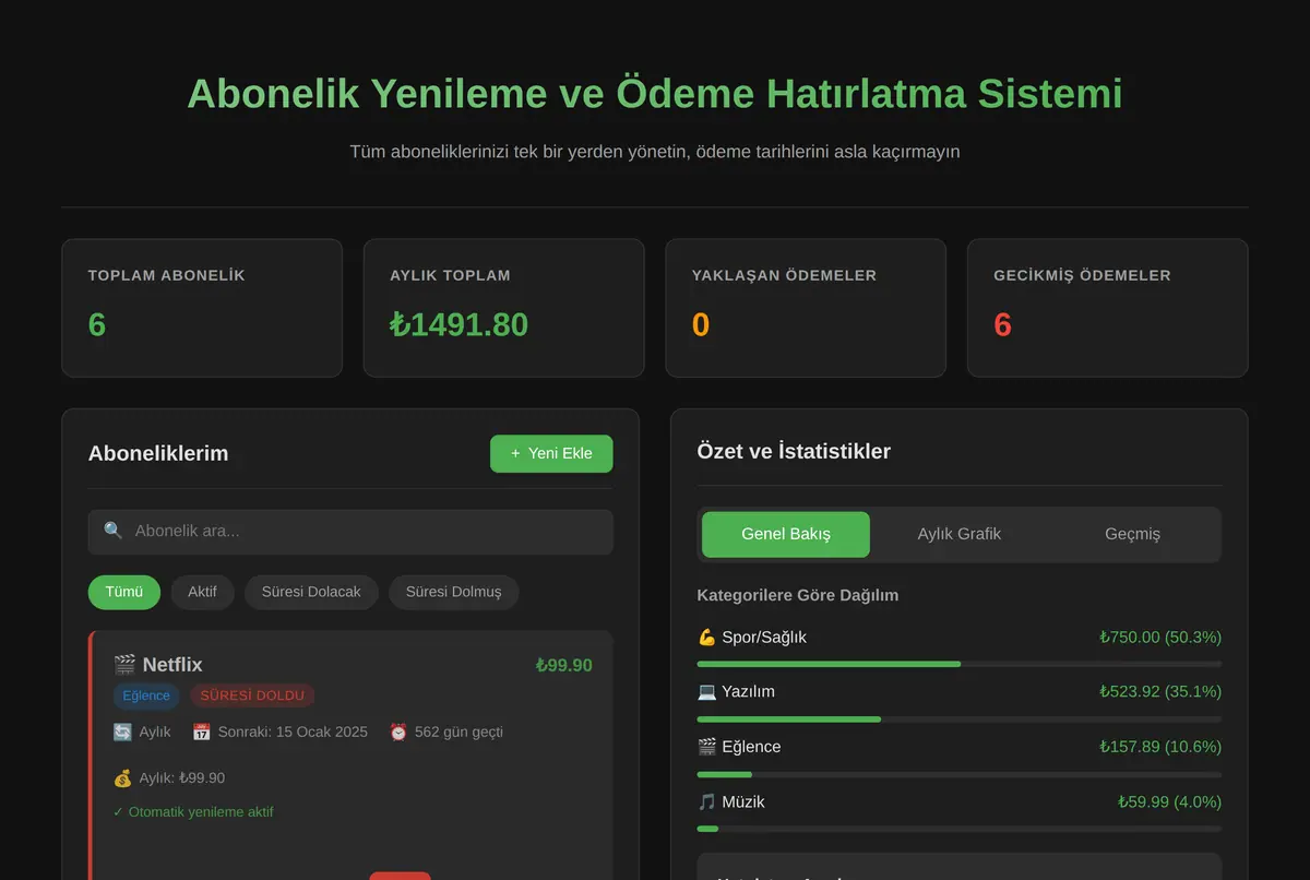 Abonelik Yenileme ve Ödeme Hatırlatma Sistemi ekran görüntüsü 2