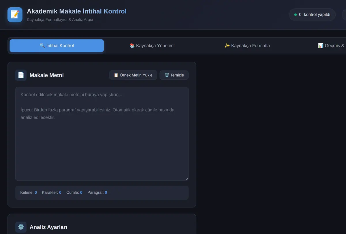 Akademik Makale İntihal Kontrol & Kaynakça Formatlayıcı ekran görüntüsü