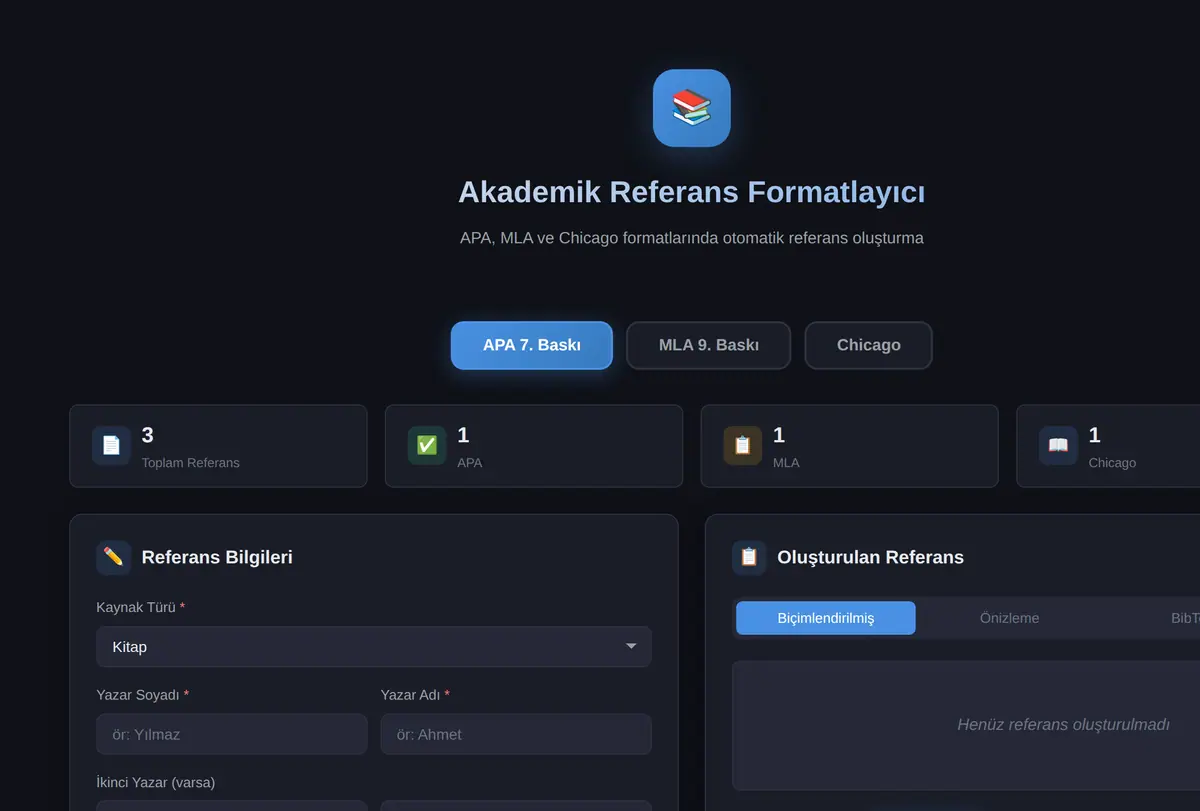 Akademik Referans Formatlayıcı APA/MLA/Chicago ekran görüntüsü