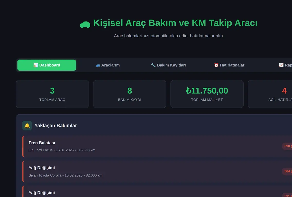 Kişisel Araç Bakım ve KM Takip Aracı ekran görüntüsü