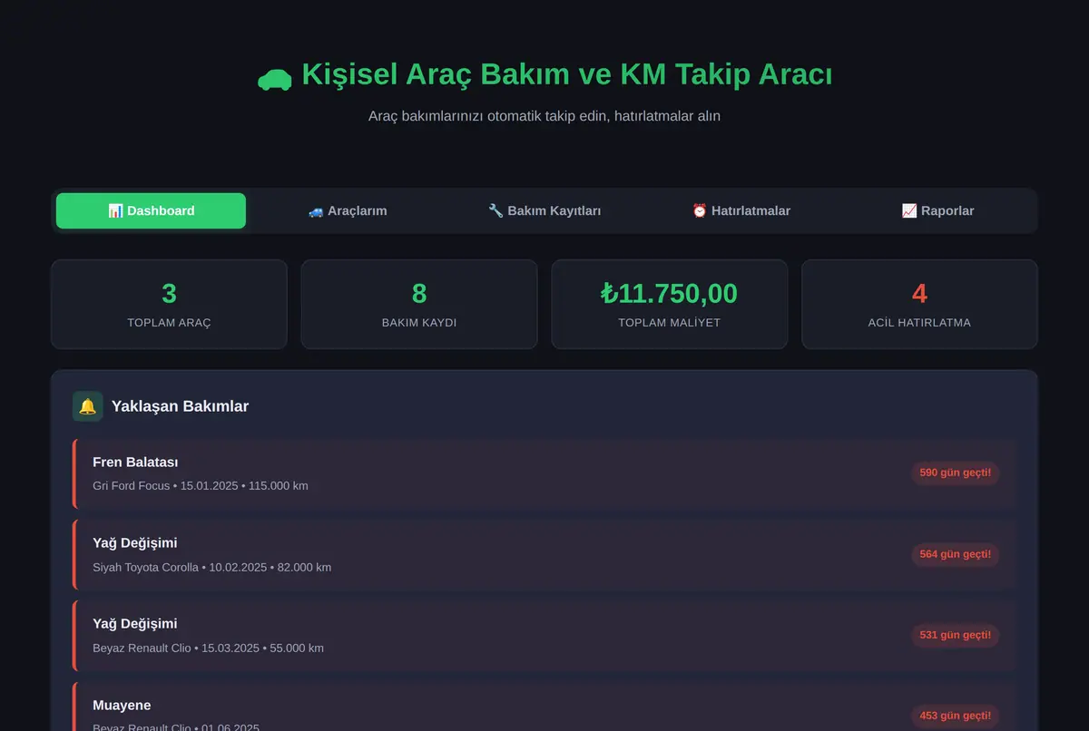 Kişisel Araç Bakım ve KM Takip Aracı ekran görüntüsü 2
