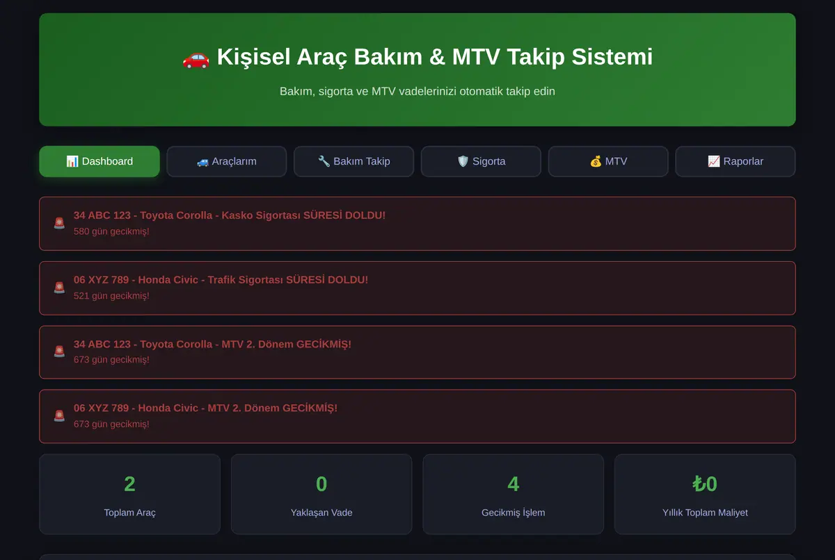 Kişisel Araç Bakım & MTV Takip Sistemi ekran görüntüsü 2