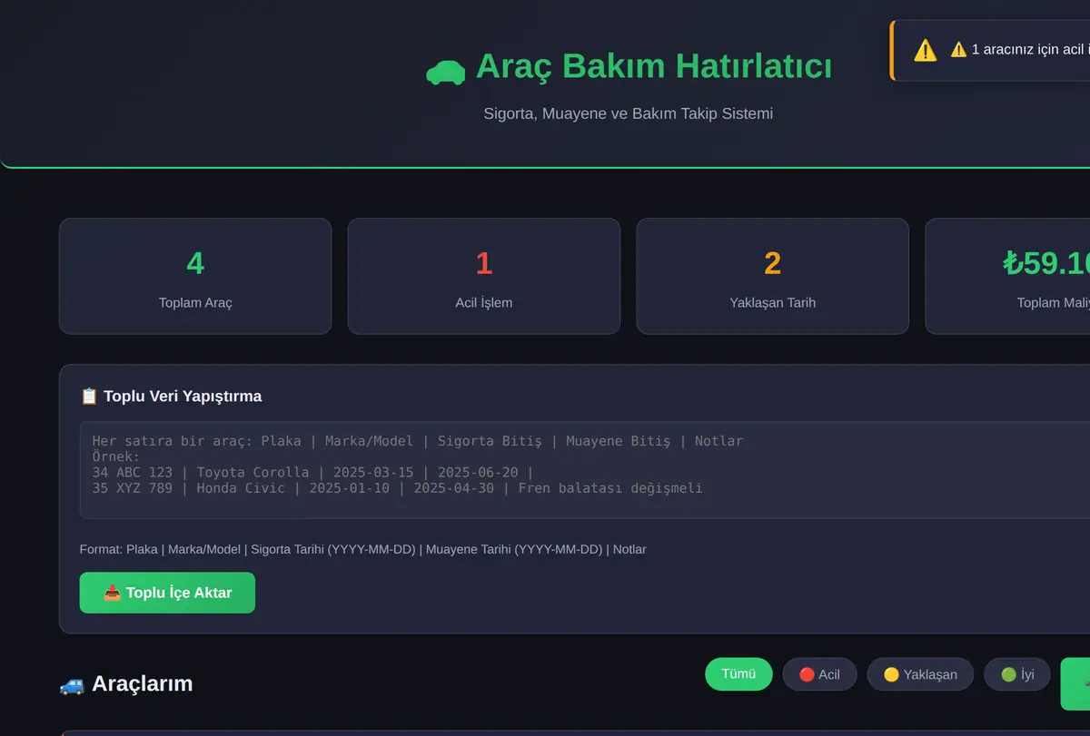 Araç Bakım Hatırlatıcı - Sigorta & Muayene Takip ekran görüntüsü