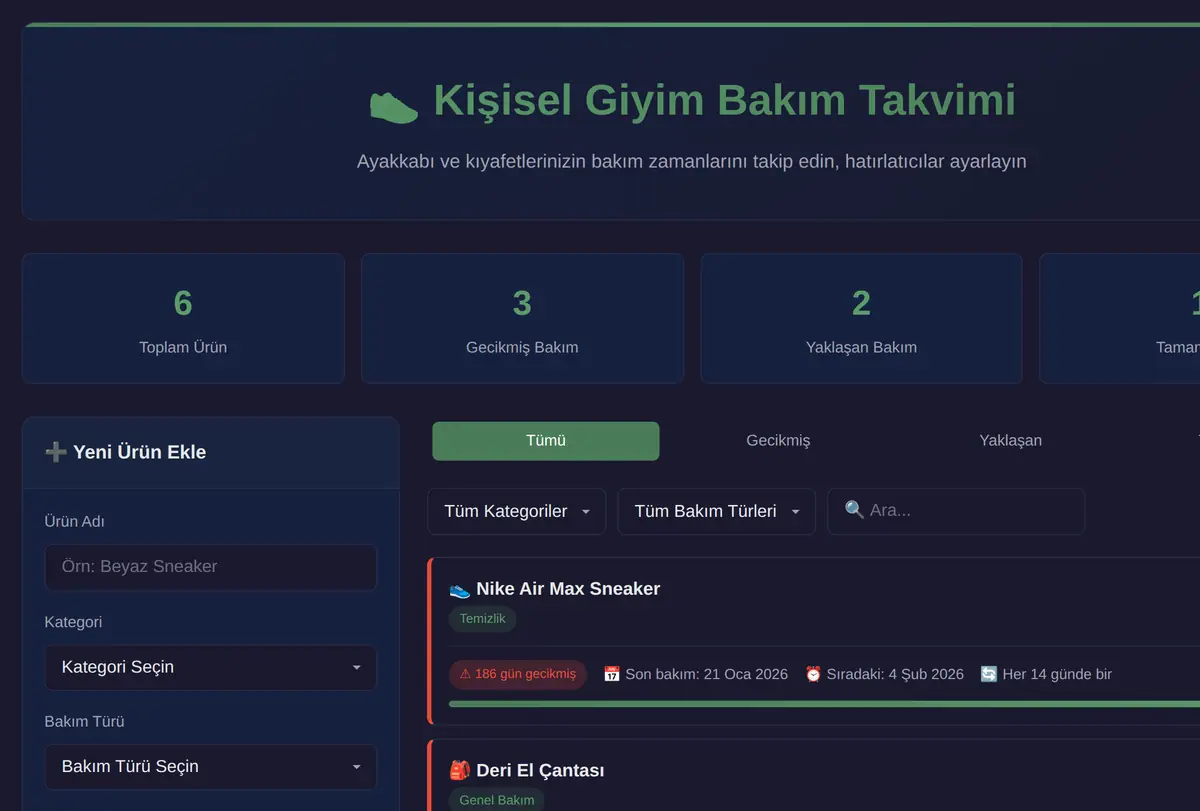 Kişisel Giyim Bakım Takvimi ve Hatırlatıcı ekran görüntüsü