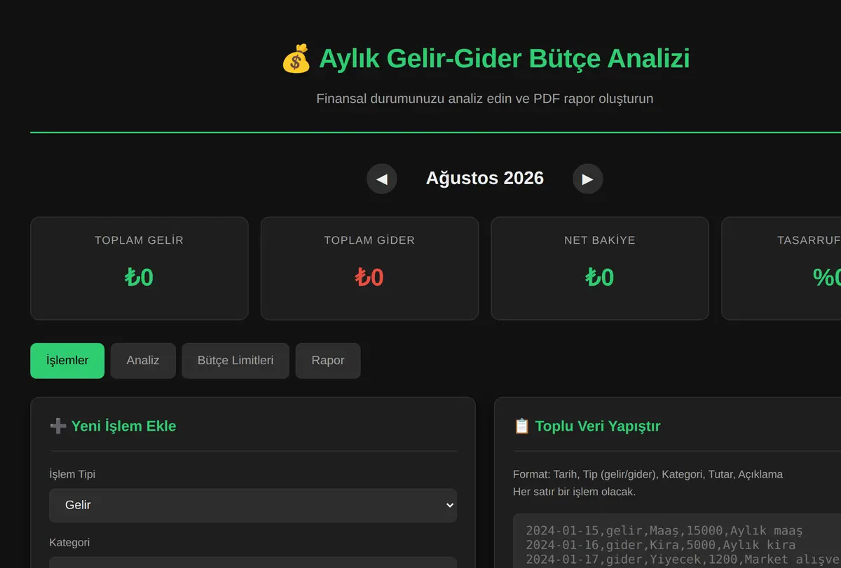 Aylık Gelir-Gider Bütçe Analizi ve PDF Rapor ekran görüntüsü