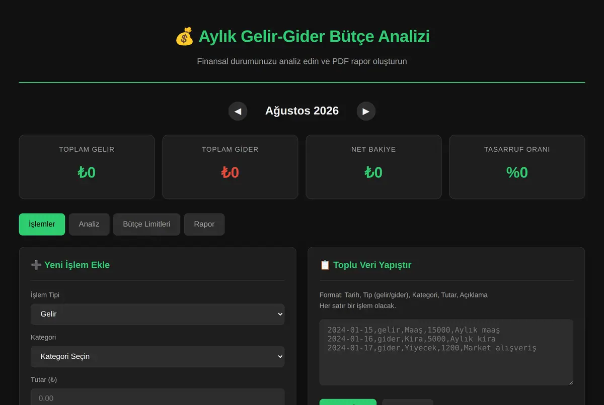 Aylık Gelir-Gider Bütçe Analizi ve PDF Rapor ekran görüntüsü 2