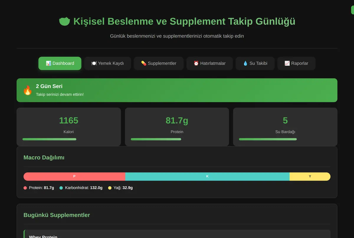 Kişisel Beslenme ve Supplement Takip Günlüğü ekran görüntüsü 2