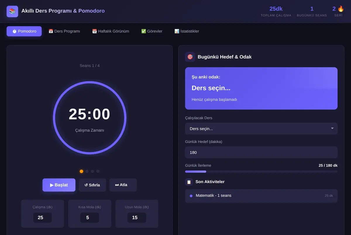 Akıllı Ders Programı & Pomodoro Zamanlayıcı ekran görüntüsü 2