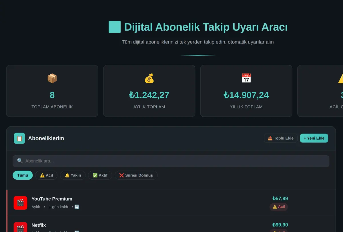 Dijital Abonelik Takip Uyarı Aracı ekran görüntüsü