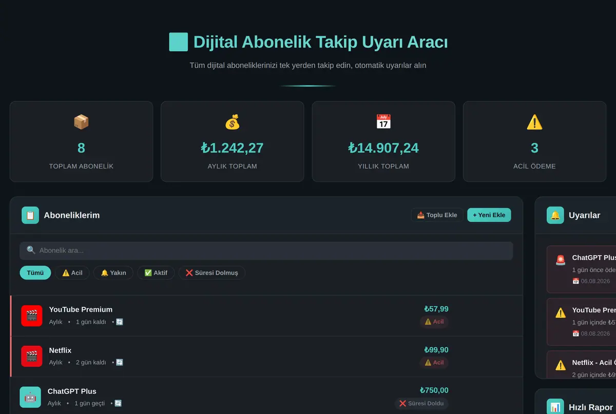 Dijital Abonelik Takip Uyarı Aracı ekran görüntüsü 2