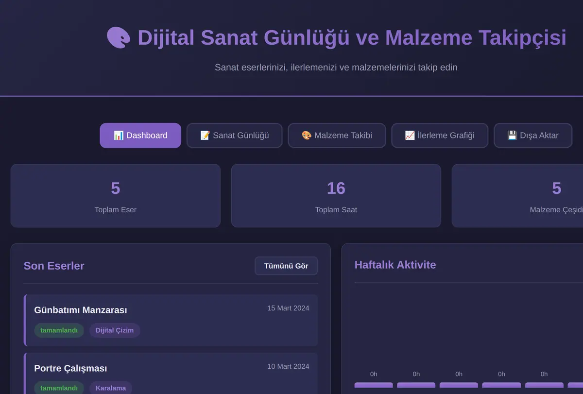 Dijital Sanat Günlüğü ve Malzeme Takipçisi ekran görüntüsü