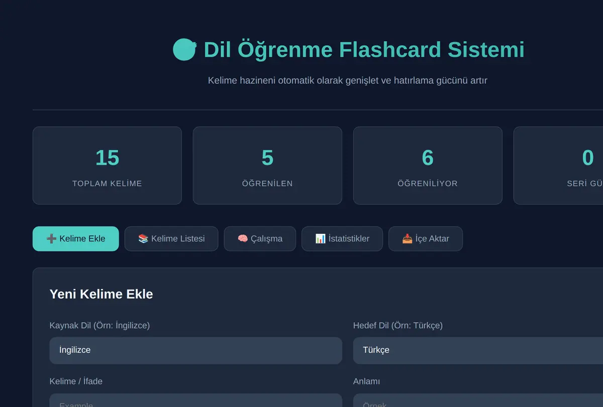 Kişisel Dil Öğrenme Flashcard Sistemi ekran görüntüsü