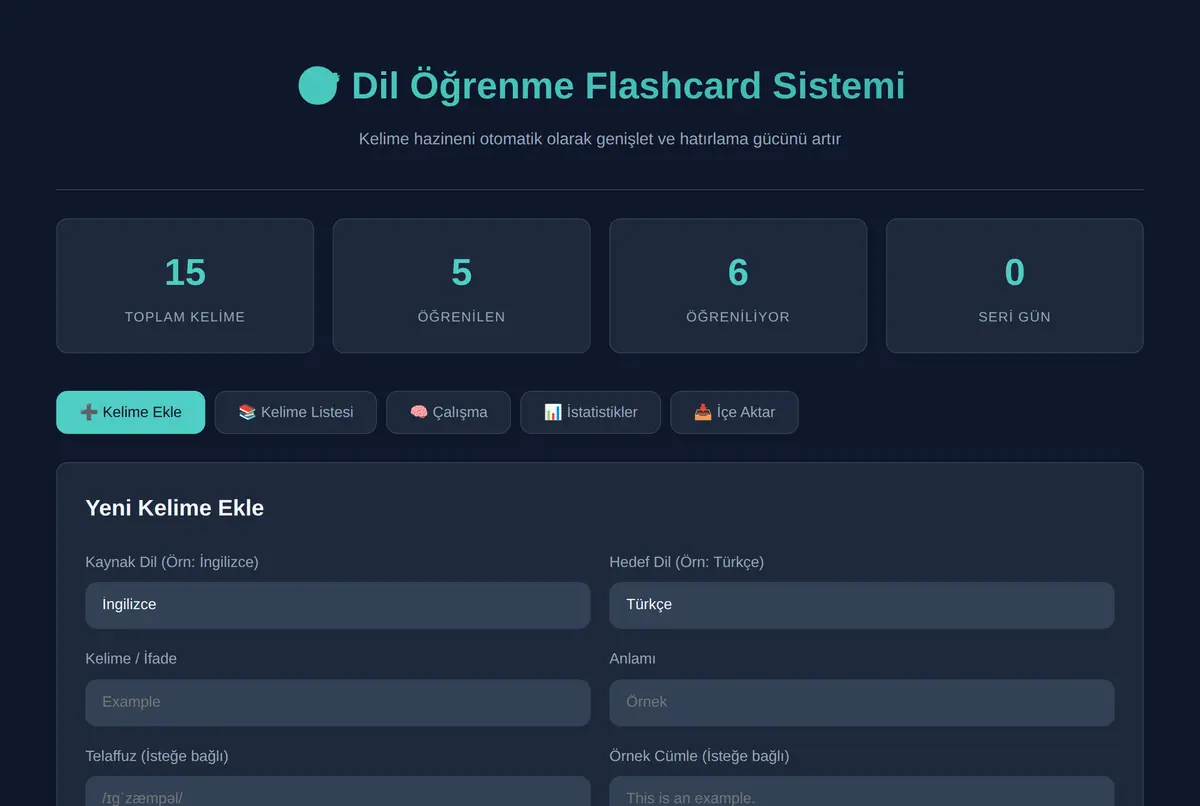 Kişisel Dil Öğrenme Flashcard Sistemi ekran görüntüsü 2