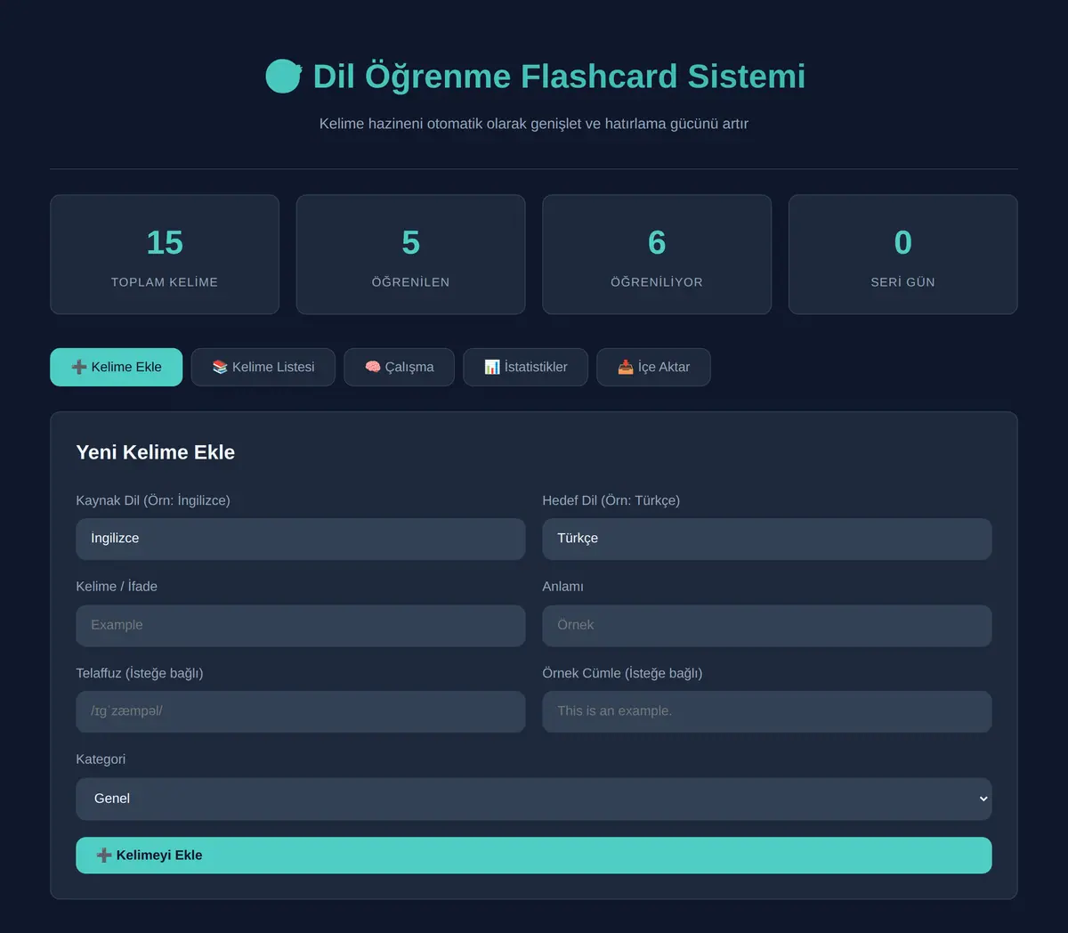 Kişisel Dil Öğrenme Flashcard Sistemi ekran görüntüsü 3
