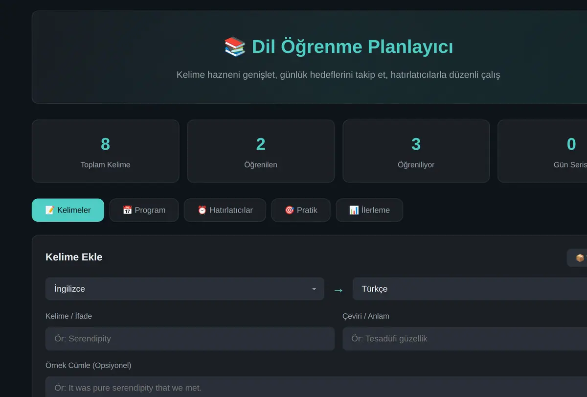 Kişisel Dil Öğrenme ve Kelime Hatırlatıcı Planlayıcı ekran görüntüsü