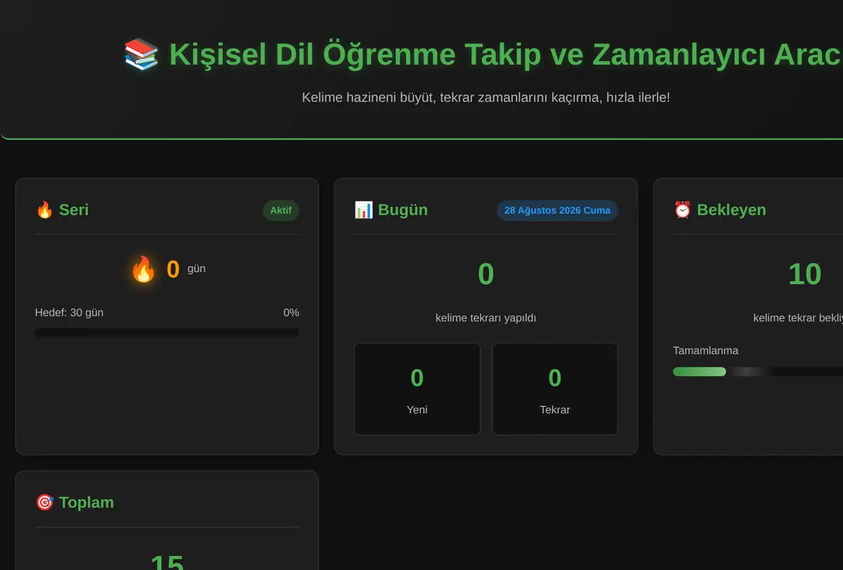 Kişisel Dil Öğrenme Takip ve Zamanlayıcı Aracı ekran görüntüsü