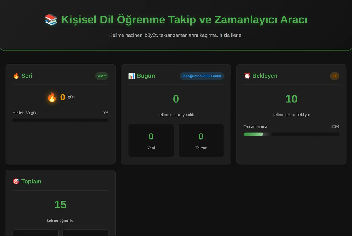 Kişisel Dil Öğrenme Takip ve Zamanlayıcı Aracı ekran görüntüsü 2