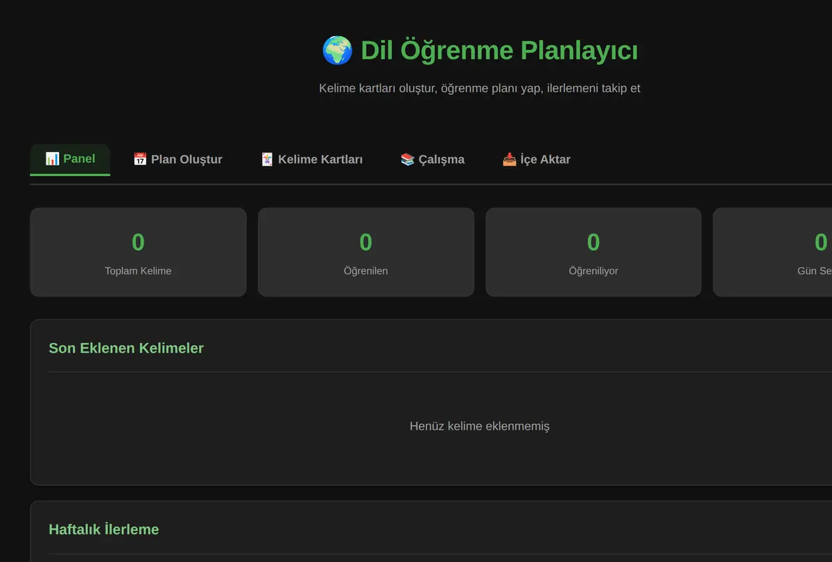 Kişisel Dil Öğrenme Planlayıcı ve Kelime Kartı ekran görüntüsü