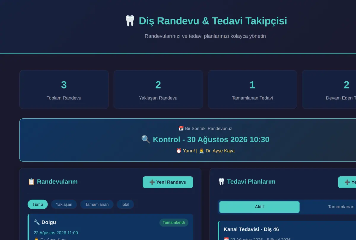 Kişisel Diş Randevu & Tedavi Planı Takipçisi ekran görüntüsü