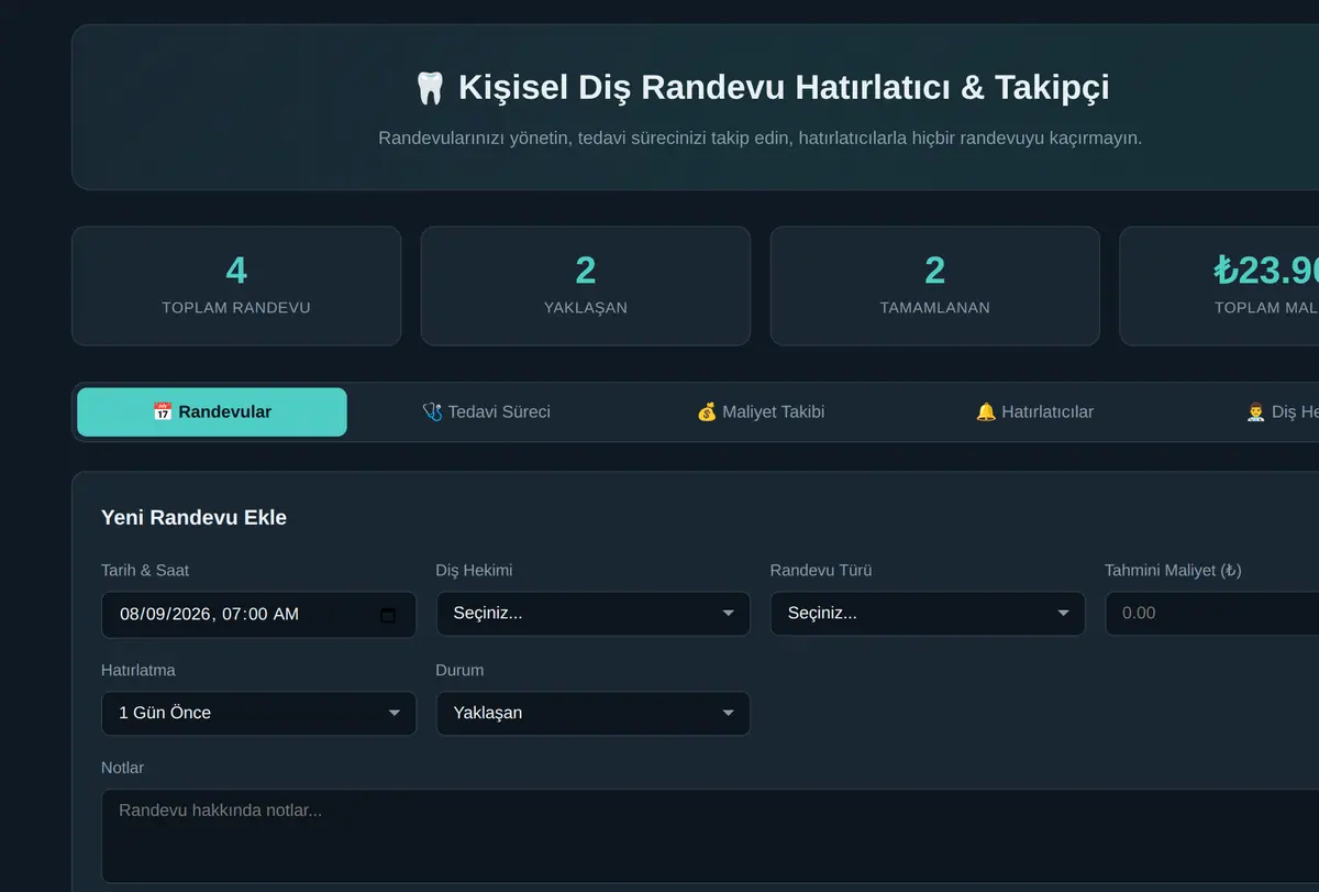 Kişisel Diş Randevu Hatırlatıcı & Takipçi ekran görüntüsü