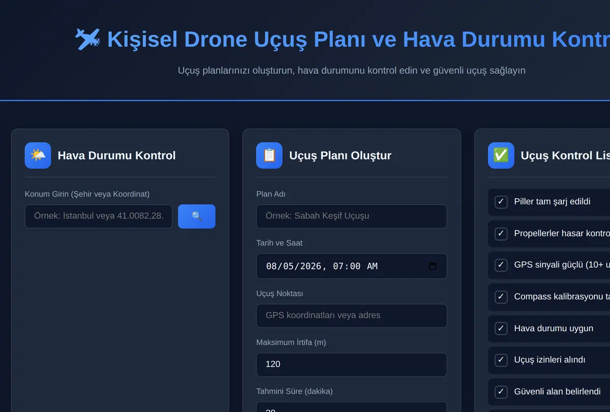 Kişisel Drone Uçuş Planı ve Hava Durumu Kontrol ekran görüntüsü