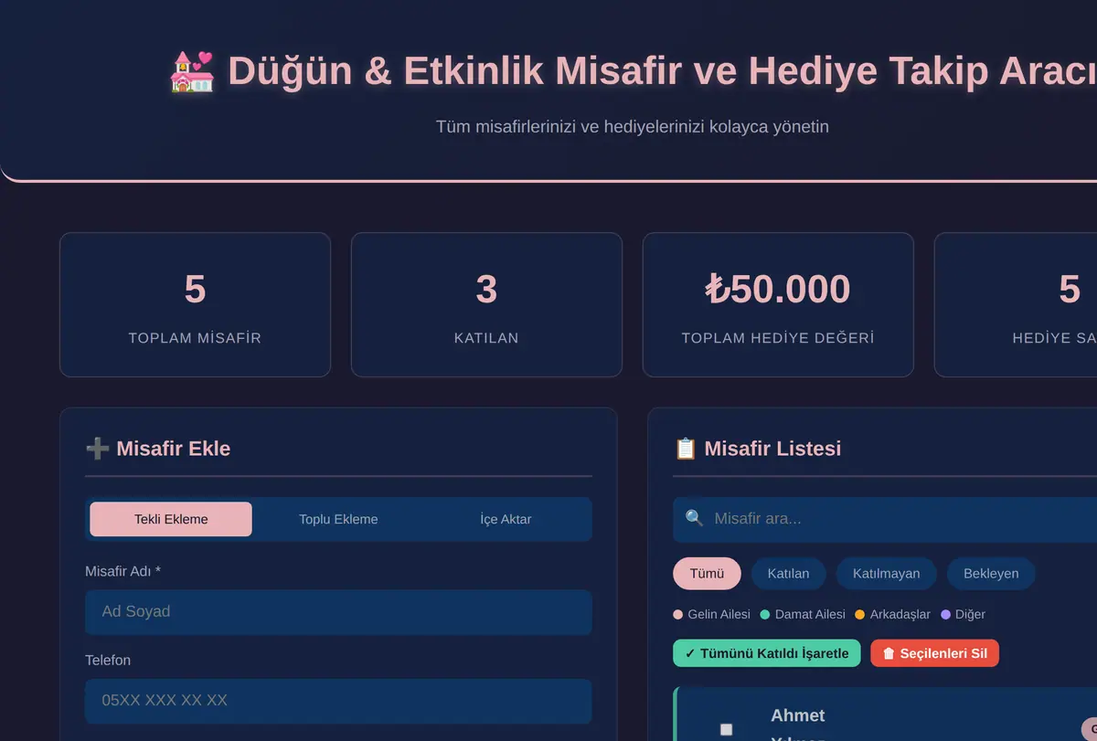 Düğün & Etkinlik Misafir ve Hediye Takip Aracı ekran görüntüsü