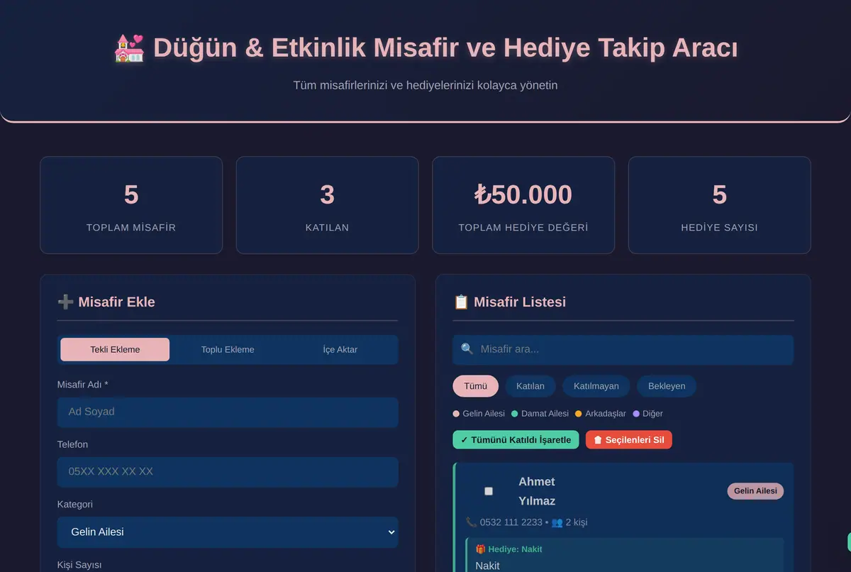 Düğün & Etkinlik Misafir ve Hediye Takip Aracı ekran görüntüsü 2