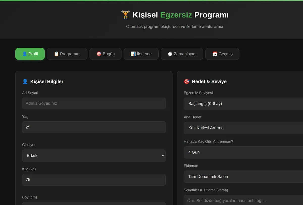 Kişisel Otomatik Egzersiz Programı Oluşturucu & İlerleme Analizi ekran görüntüsü