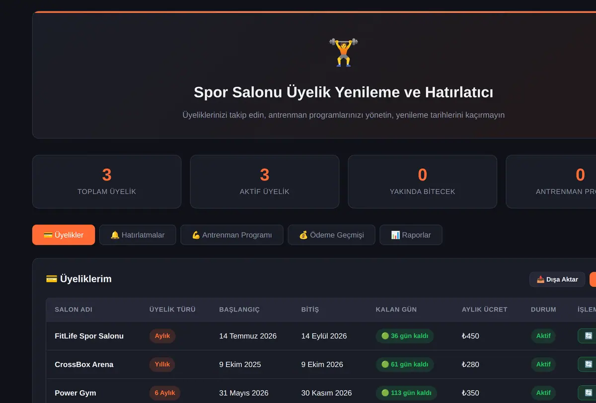 Spor Salonu Üyelik Yenileme ve Hatırlatıcı ekran görüntüsü