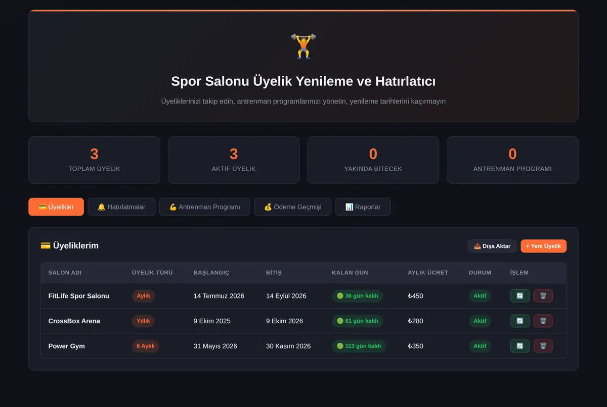 Spor Salonu Üyelik Yenileme ve Hatırlatıcı ekran görüntüsü 2
