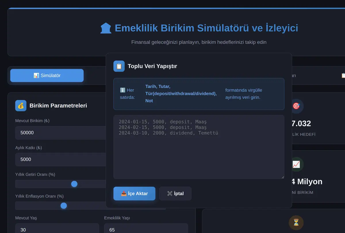 Emeklilik Birikim Simülatörü ve İzleyici ekran görüntüsü